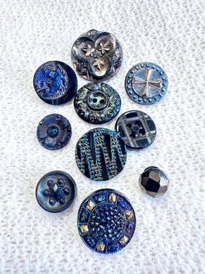 Antique Black Glass Buttons Sew Through Lusters Man in Moon Cross M Sm B183 - Image 1 of 4