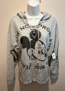 DISNEY PARKS Juniors XLARGE Mickey Mouse Crop Hoodie Gray Sweatshirt Lace Up NWT - Picture 1 of 11