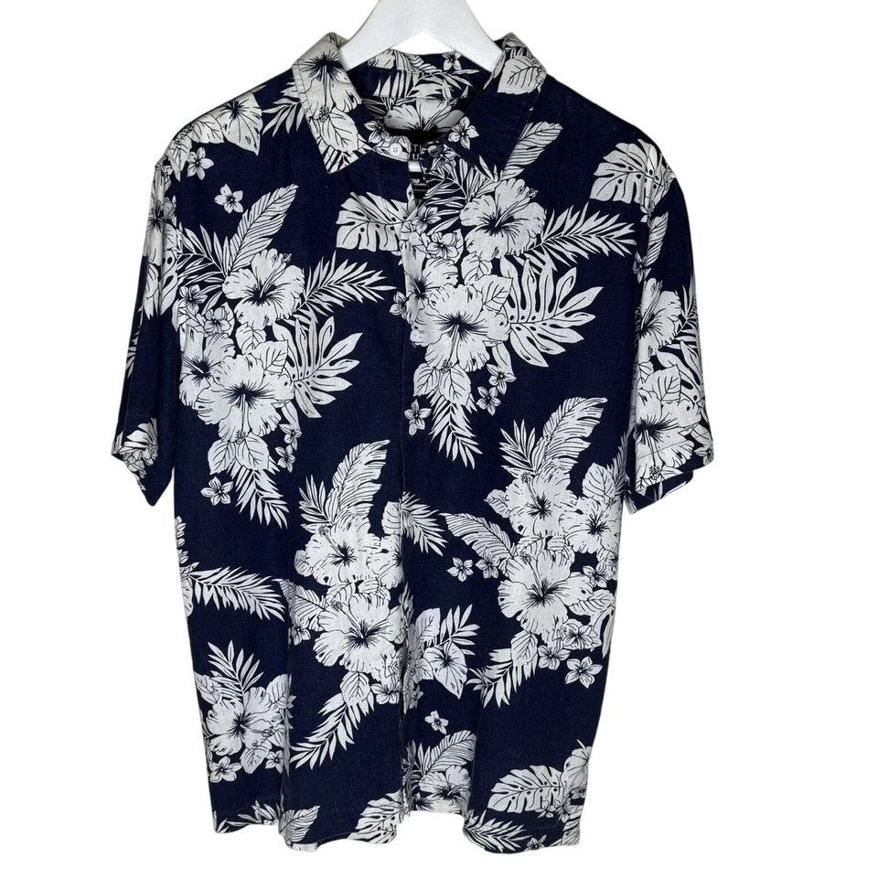 Native Youth Men's Navy Blue Hawaiian Print Short Sleeve Linen Shirt, Medium - Image 1 of 4