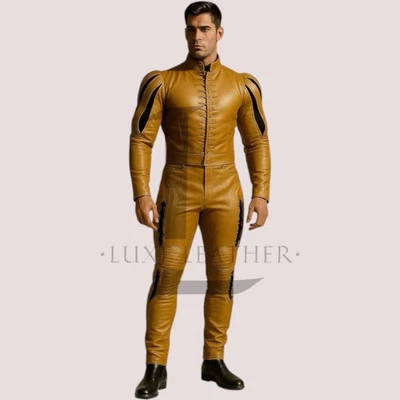 Mono gay amarillo LGBT para hombre en piel de cordero genuina mono estilo LGBT Foto 1 de 4