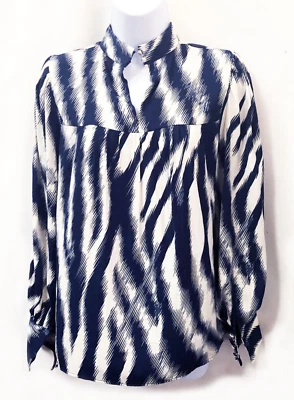 Blusa manga larga azul + blanca inusual estampado surrealista vintage años 80 mezcla seda Foto 1 de 4