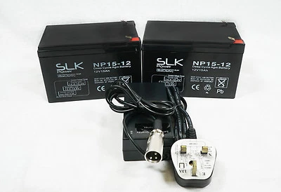 2 x 12v 15AH SLK POWER MOBILITY SCOOTER BATTERIES & BATTERY CHARGER BUNDLE