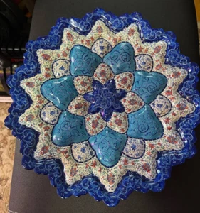 Persian Mina Kari Painted Handmade Fine Art brass Enamel Plate Wall Hanging 13.5 - Picture 1 of 1