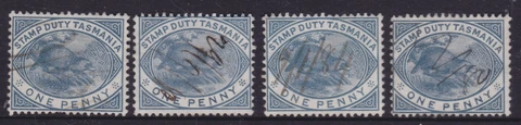 TASMANIA 1880-82 1d Slate QV PLATYPUS STAMP DUTY X4 USED (GD14.15) Cover