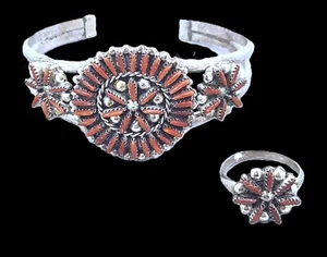 Juego de brazalete/anillo de colección Samson Lucille Bowekaty Zuni punta de aguja coral esterlina - Imagen 1 de 10