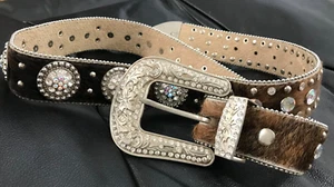 Nocona N3417002 Cintura strass iridescenti peli di polpaccio marroni in pelle borchie M - Foto 1 di 14