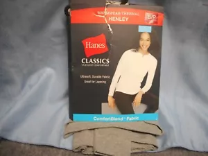 HANES CLASSIC WOMEN'S HENLEY SHIRT TOP WARMWEAR THERMAL S P GRAY - Picture 1 of 4