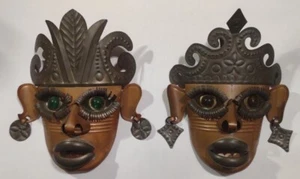 Juego de 2 Máscara Mexicana Mexicana Vintage Arte Paseo Latón Cobre Vidrio Ojos Mediados de Siglo - Imagen 1 de 8