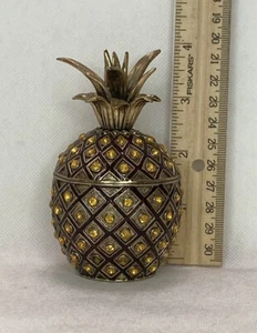 Pineapple Trinket Box Enamel / Over Brass Amber Rhinestones With Magnet Closer - Picture 1 of 10