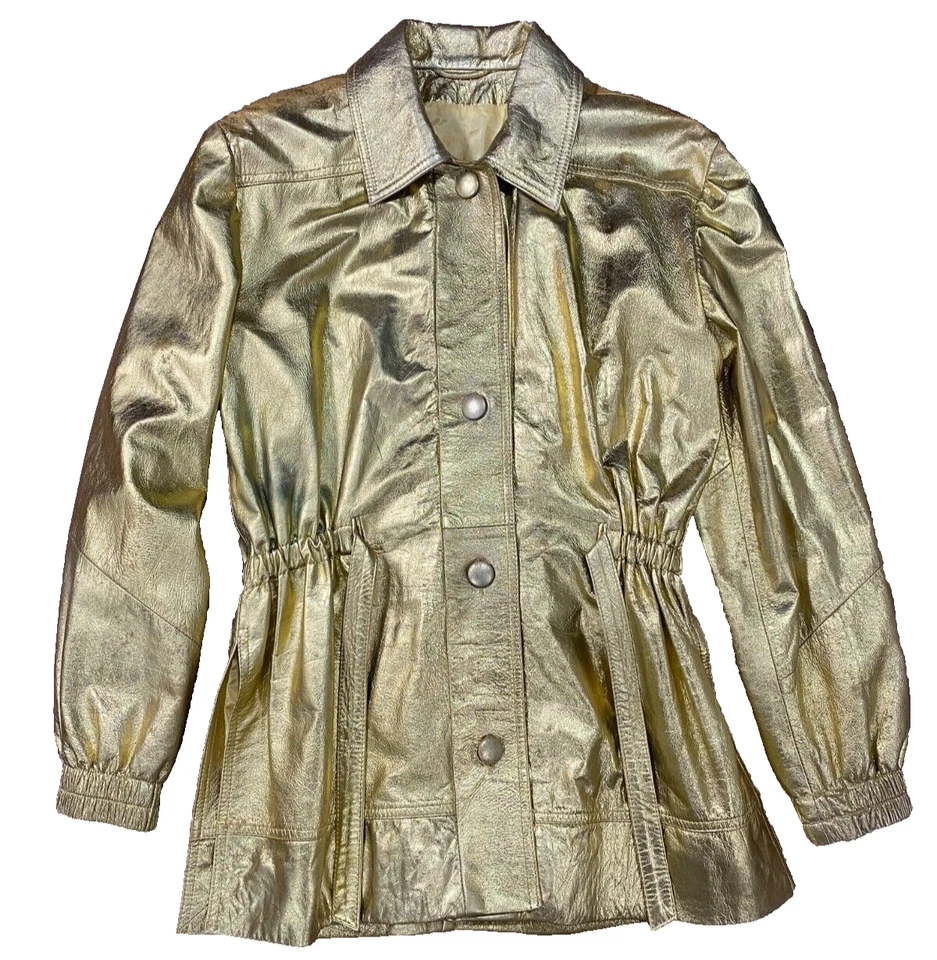 Chaqueta de cuero dorada metálica vintage Lillie Rubin - Talla 6 - Hecha en Israel Foto 1 de 4