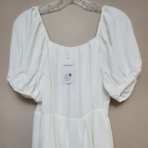 Boho Womens Dress Sz M Sexy Mini A-line Smocked Puff sleeve Peasant Cottage Soft - Picture 1 of 10