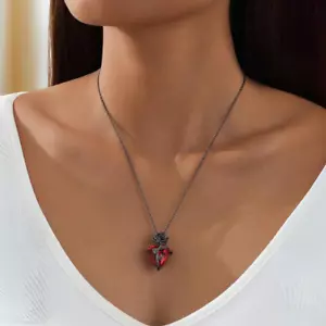 Pendant Necklace Black Rose Heart Shape with Red Rhinestone Gothic Style Jewelry - Picture 1 of 5