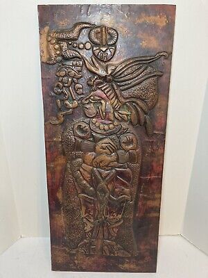 Vintage Aztec Mayan Hammered Copper On Wood Folk Art Wall 25.5” Signed • 74.99€