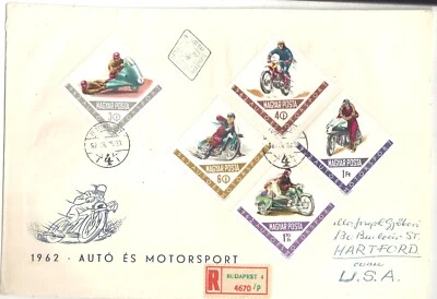 Марки Венгрии мотоциклетный спорт FDC 1962 адресованные Hartford CT из Будапешта - Изображение 1 из 2