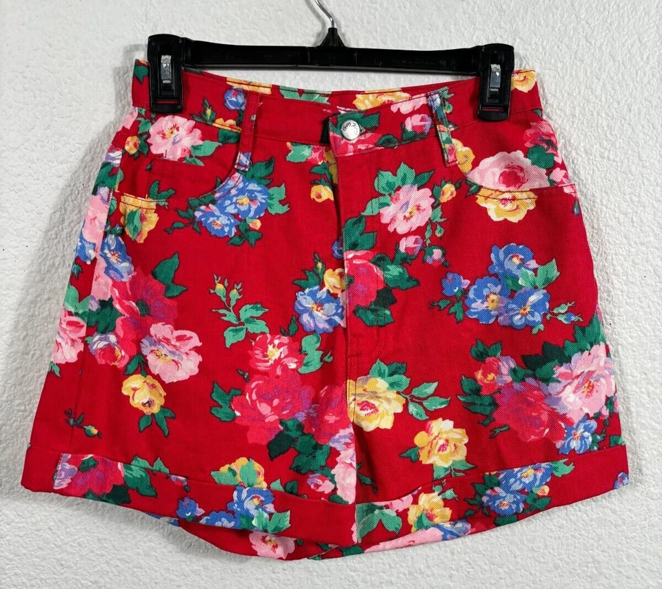 Pantalones Cortos Vintage Y2K Paris Azul Pequeño Talla 11 Rojo Floral Cintura Alta Algodón Denim Foto 1 de 4