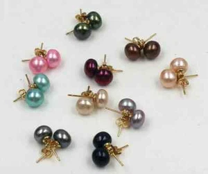 Lot 8 Pair 8-9 mm Multi-Colored Cultured Pearl 18KGP 925 Silver Stud - Picture 1 of 4