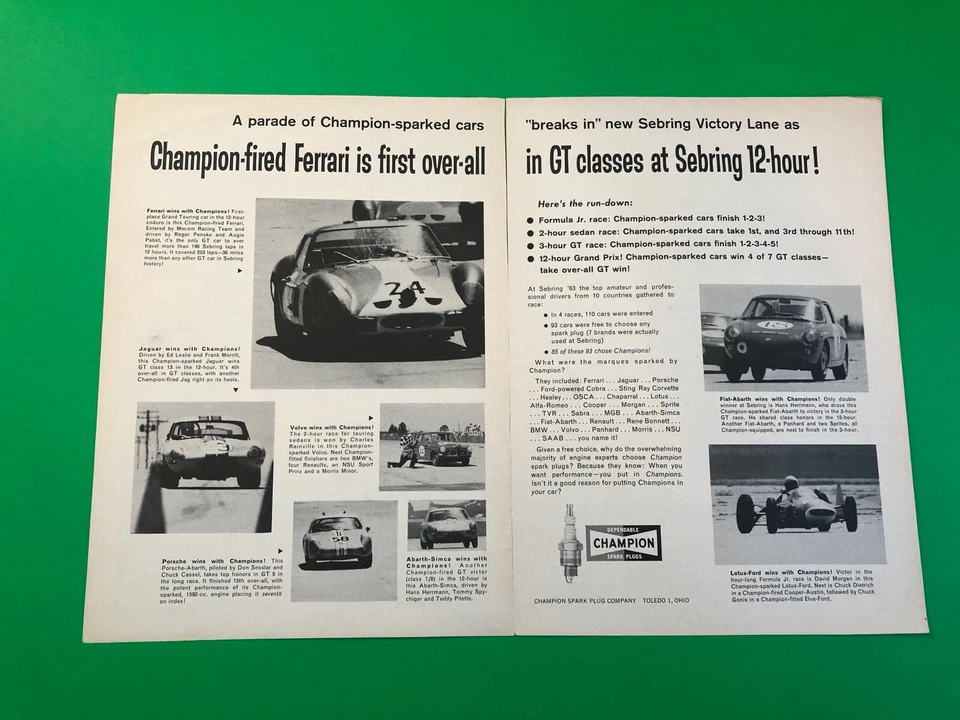 FERRARI CHAMPION SPARK PLUGS ORIGINAL VINTAGE PRINT AD PRINTED ADVERTISEMENT - Image 1 of 1
