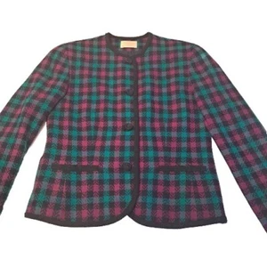 Vintage 80s Pendleton Wool Blazer Womens 10 Checkered Fuscia Turquoise Black USA - Picture 1 of 9