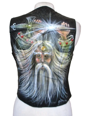 CHALECO DE CUERO NEGRO Park V Gerson Air Brushed Odin Norse God Wizard de colección S Mujeres Foto 1 de 4
