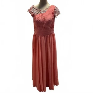 Custom Coral Rhinestone Lace Satin Gown Dress Pleated S - Picture 1 of 9