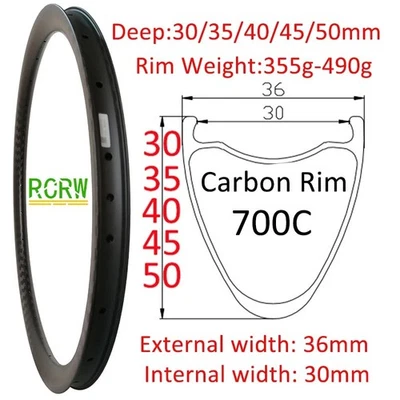 700C 36 mm de ancho 30-50 mm de profundidad bicicleta de grava de carretera llanta de carbono freno de disco 20 24 28 agujeros Foto 1 de 4