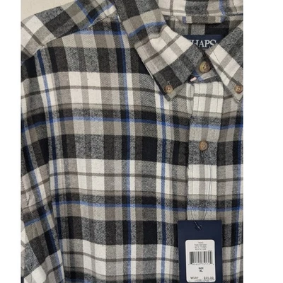 Chaps 男式 XL 法兰绒衬衫格子黑色蓝色长袖纽扣全新带标签 — 第 1/4 张图片