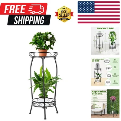 Elegante soporte para plantas de hierro forjado negro - Diseño de ahorro de espacio de 2 niveles para alfareros Foto 1 de 4