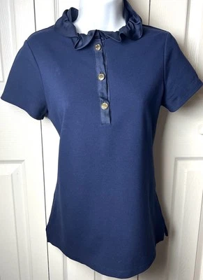 Camisa Blusa ELIZABETH MCKAY Henley Polo Ponte Tejido Volantes Seda Azul Marino XS Foto 1 de 4