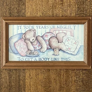 Vtg 1989 Fiji Graphics Framed Art Print I Hate Exercise Bear Body Years Neglect - Picture 1 of 9