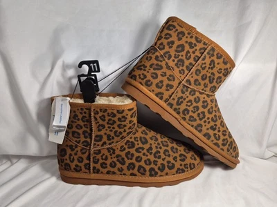 TIME And TRU Mujeres Talla 11 Cuero Leopardo Gamuza Mini Botas Zapatillas Suela de Entrada/Salida  Foto 1 de 4
