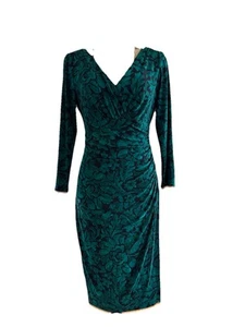 FALPH LAUREN Green Black Floral Faux Wrap Dress Ruched Slimming Wedding Chic Sz8 - Picture 1 of 11