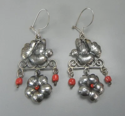 Mexico Earrings Sterling Silver Dangle Bird Wire Pierced Kahlo Style Oaxaca - Image 1 of 4