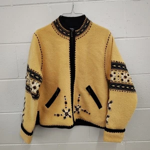 Icelandic Design Sweater Women's Small Yellow 100% Wool Floral Embroidered Cozy - Picture 1 of 10