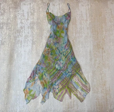 Vestido Fairycore de Diseñador Francés Rene Derhy Acuarela Azul Floral y Rayas Foto 1 de 4