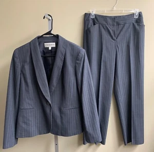 Jones New York Petite Grey Pinstriped Blazer Straight PantSuit Two Piece Set 12P - Picture 1 of 11