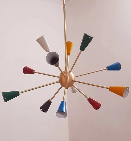 Mid Century Style Brass Sputnik Light Antique Chandelier 12 Multi Colored Arms Cover