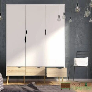 OSLO LARGE WIDE WARDROBE 3 DOORS 3 DRAWERS IN WHITE AND OAK FINISH - Picture 1 of 10