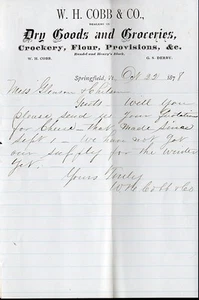 Vintage 1878 W.H. Membrete firmado a mano Cobb & Co. - Springfield Vermont - Imagen 1 de 1