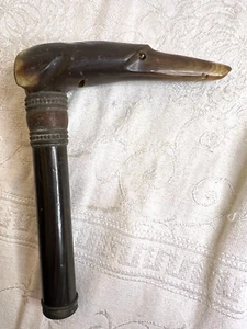 FOLK ART PRIMITIVE ANTIQUE HAND CARVED HORN WHIPPET  WALK STICK CANE GLASS EYES - Picture 1 of 13