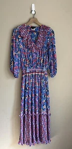 Vintage Diane Freis Dress Georgette Ruffle Pleated Midi Pink Blue Size Medium M - Picture 1 of 6