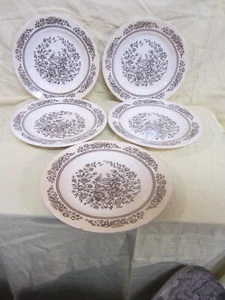 VTG ROYAL CHINA, JEANETTE CORP, SUSSEX 5 DINNER PLATES, BROWN TRANSFERWARE - Picture 1 of 9