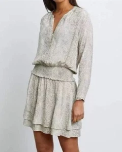 Rails Jasmine Mini Dress in Cream Snakeskin Women's Large Smocked Waist V-Neck - Picture 1 of 11