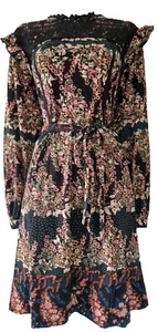 Womens Monsoon Black Floral Ruffle Embroidered Belted Jersey Boho Prairie DressM - Picture 1 of 13