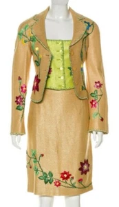 Moschino Couture Italian Gold Linen Lined 3 Piece Skirt Suit Top Jacket USA 10 - Picture 1 of 12