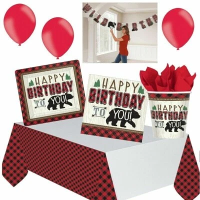 Little Lumberjack Bear Camper Birthday Party Supplies Plates Napkins Decorations - Image 1 of 4