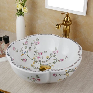 White Bathroom Ceramic Vessel Sink Gold Faucet Drain Set Flower Shape Basin Bowl - Picture 1 of 12