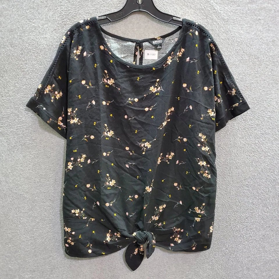 Buffalo Women Top XL Black Floral Blouse Front Tie Round Neck Keyhole - Image 1 of 4