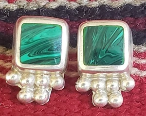 Sterling Silver Green Malachite Mexico Pierced  Earrings Southwestern - Picture 1 of 5