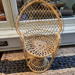 Vintage Mini Peacock Wicker Rattan Chair 16” Doll Plant Stand Boho Decor - Picture 1 of 7