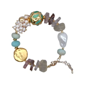 Cultured White Pearl Amazonite Quartz Sea Shell Pearl Beaded Bracelet - Picture 1 of 7